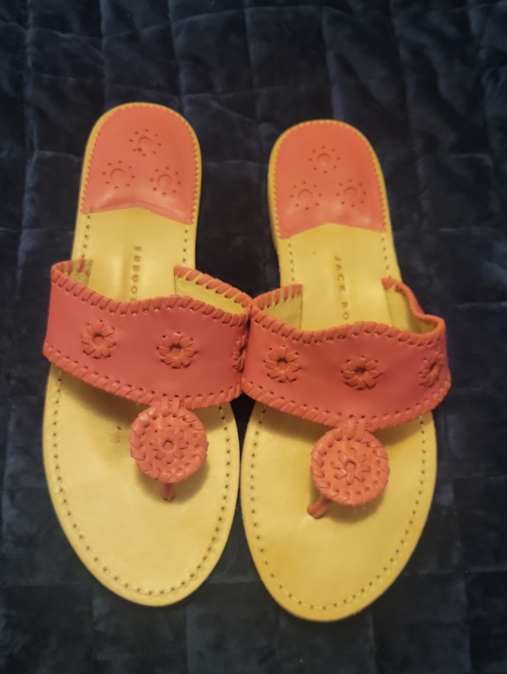 Jack Rogers Coral Leather Slide Sandals with Whipstitch Medallions